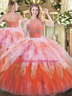 Top Selling Multi-color Tulle Zipper Halter Top Sleeveless Floor Length 15 Quinceanera Dress Beading and Ruffles
