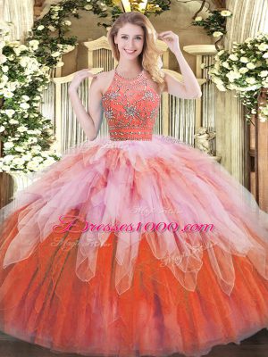 Top Selling Multi-color Tulle Zipper Halter Top Sleeveless Floor Length 15 Quinceanera Dress Beading and Ruffles