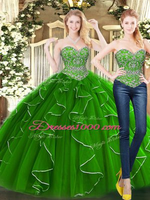 Colorful Green Sweetheart Lace Up Beading and Ruffles Quince Ball Gowns Sleeveless