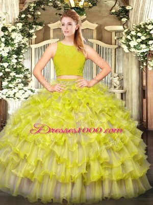 Fine Floor Length Two Pieces Sleeveless Yellow Green Quinceanera Gowns Zipper
