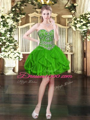 Artistic Green Lace Up Dress for Prom Beading and Ruffles Sleeveless Mini Length
