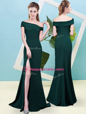 Customized Off The Shoulder Sleeveless Wedding Party Dress Floor Length Ruching Dark Green Elastic Woven Satin