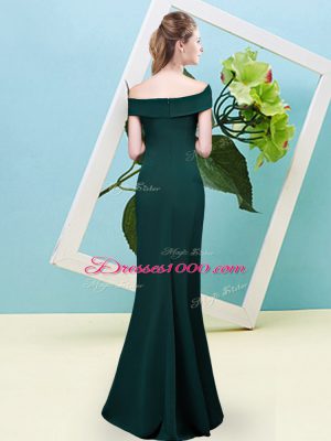 Customized Off The Shoulder Sleeveless Wedding Party Dress Floor Length Ruching Dark Green Elastic Woven Satin