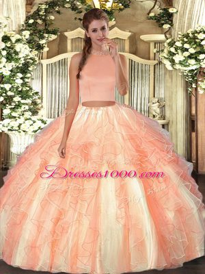 Halter Top Sleeveless Sweet 16 Dresses Floor Length Beading and Ruffles Orange Red Organza