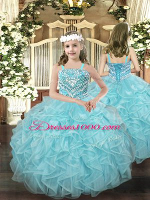 Customized Aqua Blue Organza Lace Up 15 Quinceanera Dress Sleeveless Floor Length Beading and Ruffles