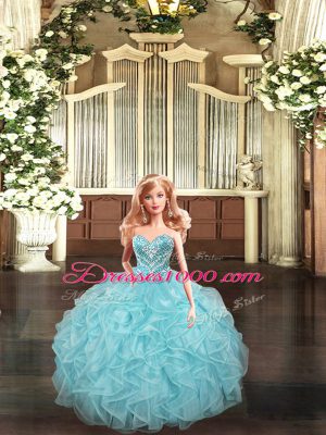 Customized Aqua Blue Organza Lace Up 15 Quinceanera Dress Sleeveless Floor Length Beading and Ruffles