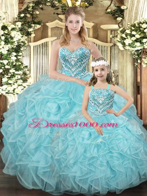 Customized Aqua Blue Organza Lace Up 15 Quinceanera Dress Sleeveless Floor Length Beading and Ruffles