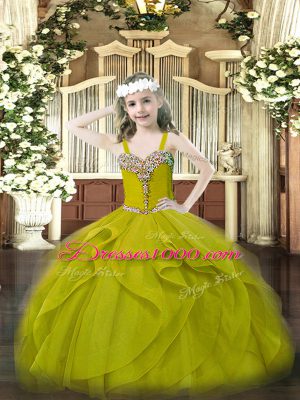 Latest Olive Green Ball Gowns One Shoulder Sleeveless Organza Floor Length Lace Up Beading and Ruffles Girls Pageant Dresses