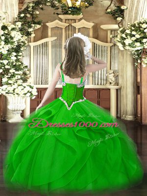 Latest Olive Green Ball Gowns One Shoulder Sleeveless Organza Floor Length Lace Up Beading and Ruffles Girls Pageant Dresses