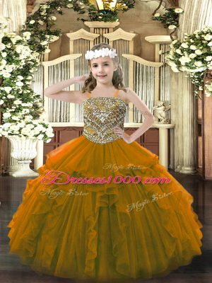 Brown Lace Up Juniors Party Dress Beading and Ruffles Sleeveless Floor Length