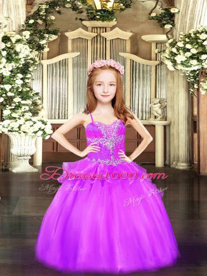 Organza Spaghetti Straps Sleeveless Lace Up Beading Little Girls Pageant Dress in Lilac