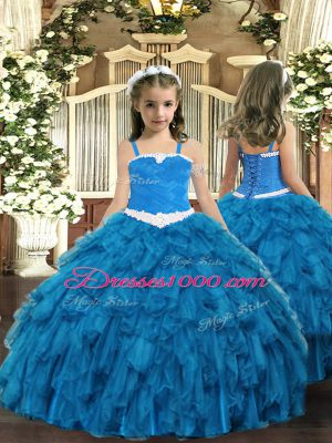 Sweet Blue Ball Gowns Organza Straps Sleeveless Appliques and Ruffles Floor Length Lace Up Little Girls Pageant Gowns