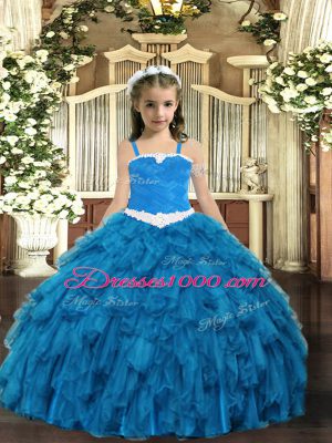 Sweet Blue Ball Gowns Organza Straps Sleeveless Appliques and Ruffles Floor Length Lace Up Little Girls Pageant Gowns