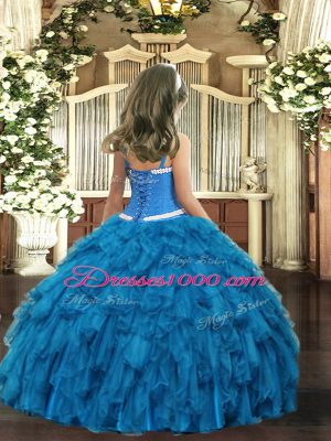 Sweet Blue Ball Gowns Organza Straps Sleeveless Appliques and Ruffles Floor Length Lace Up Little Girls Pageant Gowns