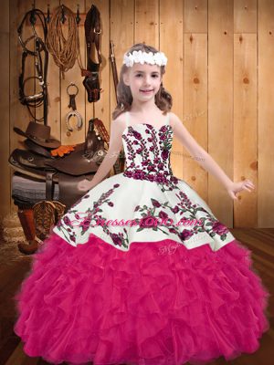 Hot Pink Organza Lace Up Womens Party Dresses Sleeveless Floor Length Embroidery and Ruffles