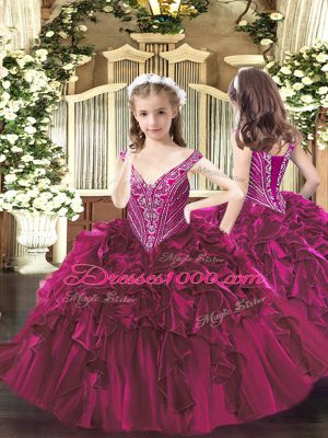 Comfortable Red Ball Gowns Organza Straps Sleeveless Beading and Ruffles Floor Length Lace Up Ball Gown Prom Dress