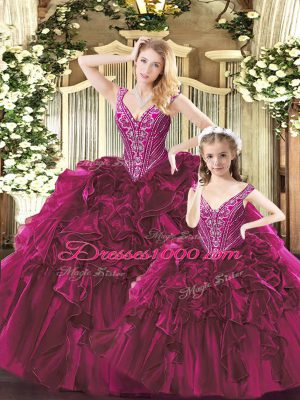 Comfortable Red Ball Gowns Organza Straps Sleeveless Beading and Ruffles Floor Length Lace Up Ball Gown Prom Dress