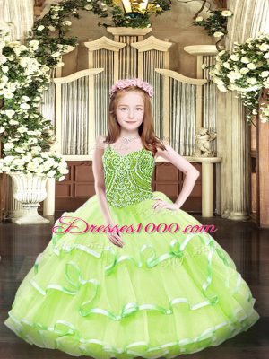 Straps Sleeveless Kids Formal Wear Floor Length Beading and Ruffled Layers Yellow Green Organza