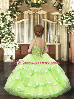 Straps Sleeveless Kids Formal Wear Floor Length Beading and Ruffled Layers Yellow Green Organza