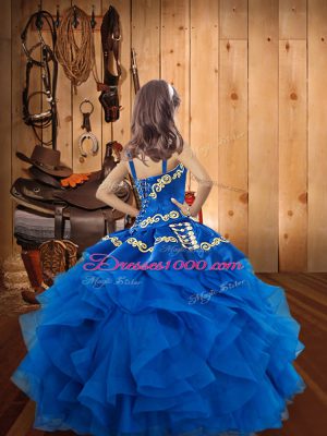 Coral Red Organza Lace Up Straps Sleeveless Floor Length Pageant Gowns For Girls Embroidery and Ruffles