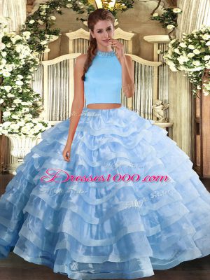 Admirable Light Blue Two Pieces Beading and Ruffled Layers Quinceanera Gown Backless Organza Sleeveless Floor Length
