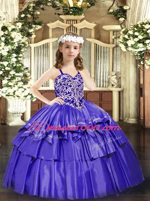 Lavender Ball Gowns Straps Sleeveless Organza Floor Length Lace Up Beading and Ruffled Layers Little Girl Pageant Dress