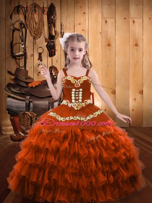 Adorable Embroidery and Ruffled Layers Little Girls Pageant Gowns Rust Red Lace Up Sleeveless Floor Length