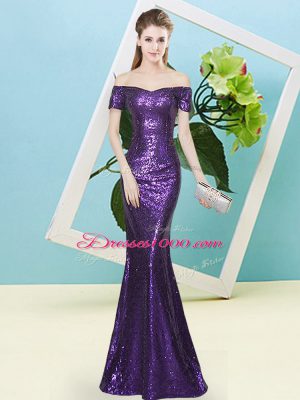 Purple Mermaid Sequins Prom Evening Gown Zipper Sequined Short Sleeves Floor Length