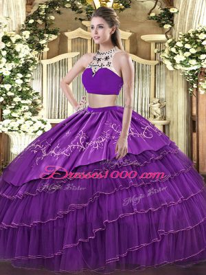 Deluxe Purple Sleeveless Beading and Embroidery and Ruffled Layers Floor Length 15th Birthday Dress