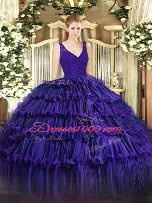 Trendy Organza V-neck Sleeveless Zipper Beading and Ruffled Layers Quinceanera Dress in Purple