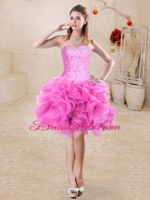 Rose Pink Ball Gowns Organza Sweetheart Sleeveless Beading and Ruffles Mini Length Lace Up Prom Evening Gown