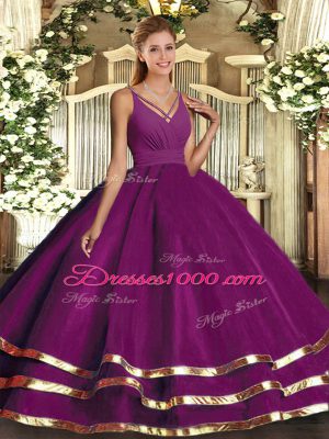 V-neck Sleeveless Backless 15th Birthday Dress Purple Organza