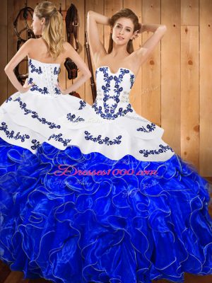 Sleeveless Floor Length Embroidery and Ruffles Lace Up Quinceanera Gowns with Blue And White