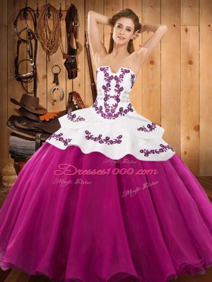Floor Length Lace Up Sweet 16 Dress Fuchsia for Military Ball and Sweet 16 and Quinceanera with Embroidery