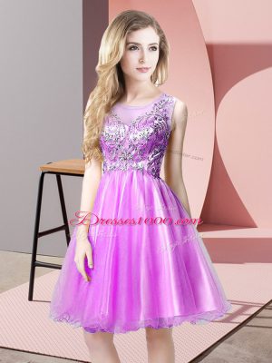 Elegant Lilac A-line Scoop Sleeveless Tulle Knee Length Zipper Beading Prom Evening Gown