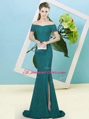 Noble Sequins Prom Party Dress Turquoise Zipper Short Sleeves Sweep Train