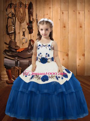 Floor Length Blue Womens Party Dresses Straps Sleeveless Lace Up