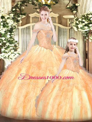 Beading and Ruffles Quince Ball Gowns Champagne Lace Up Sleeveless Floor Length