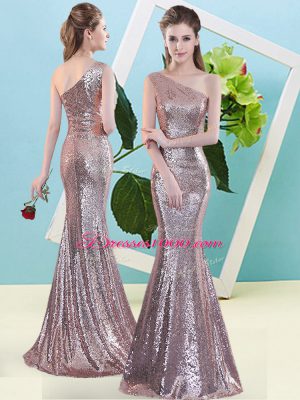 Pink Prom Evening Gown Prom and Party with Sequins One Shoulder Sleeveless Zipper