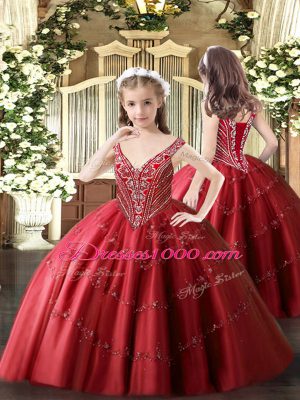 Amazing Red Pageant Dress Womens Party and Quinceanera with Beading and Appliques V-neck Sleeveless Lace Up