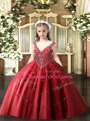 Amazing Red Pageant Dress Womens Party and Quinceanera with Beading and Appliques V-neck Sleeveless Lace Up