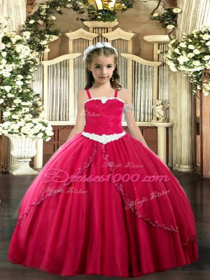 Superior Straps Sleeveless Tulle Little Girls Pageant Dress Appliques Sweep Train Lace Up