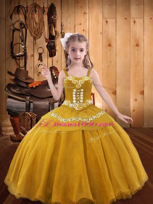 Gold Organza Lace Up Straps Sleeveless Floor Length Little Girl Pageant Dress Embroidery