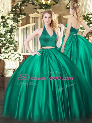 Edgy Dark Green Two Pieces Ruching Quinceanera Gowns Zipper Satin Sleeveless Floor Length