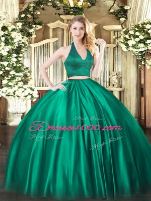 Edgy Dark Green Two Pieces Ruching Quinceanera Gowns Zipper Satin Sleeveless Floor Length