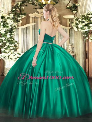 Edgy Dark Green Two Pieces Ruching Quinceanera Gowns Zipper Satin Sleeveless Floor Length