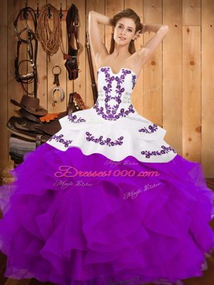 Fancy Purple Lace Up Strapless Embroidery and Ruffles Sweet 16 Dresses Satin and Organza Sleeveless