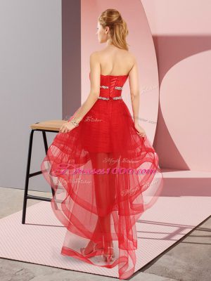 Sweetheart Sleeveless Vestidos de Damas High Low Beading Coral Red Tulle