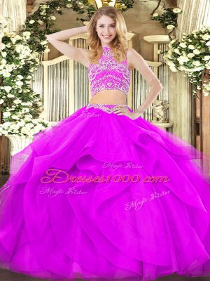 Dazzling High-neck Sleeveless Backless Quinceanera Dresses Purple Tulle