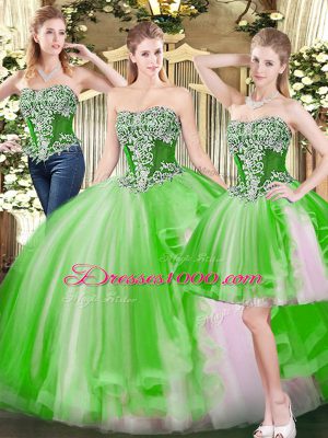 Strapless Sleeveless Tulle Ball Gown Prom Dress Beading Lace Up